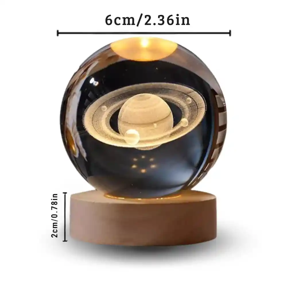 Lampara Esfera Bola De Cristal 3d Base De Madera Saturno