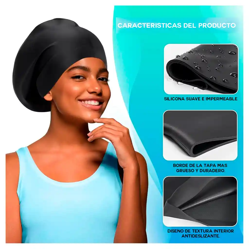 Gorro Natación Silicona Cabello Extragrande Largo Piscina Negro 120g