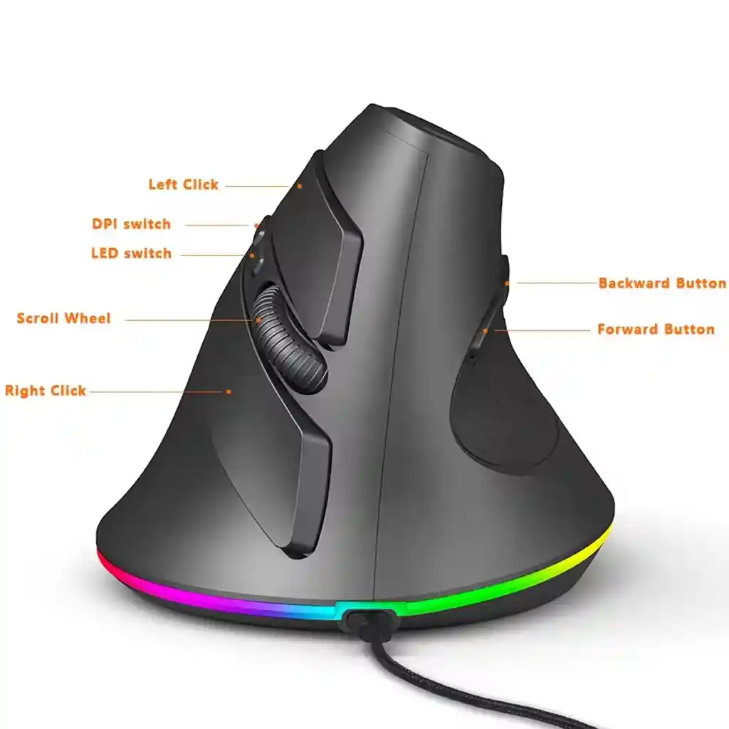 Mouse Vertical Alambrico Gamer Rgb Unitec | 7 Bot 7200 Dpi