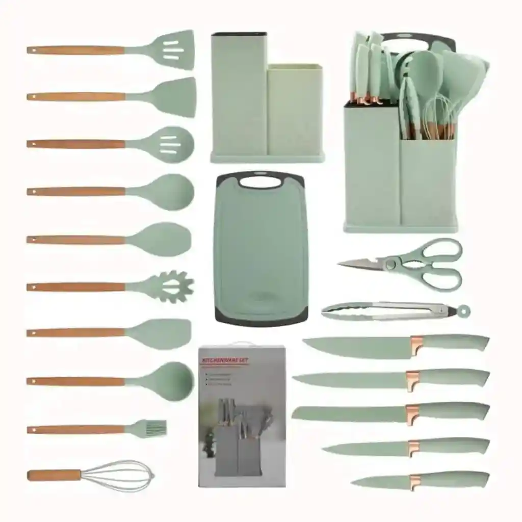 Kit De Cocina 19 Piezas Silicona Metal Y Madera Alta Calidad | Verde Claro