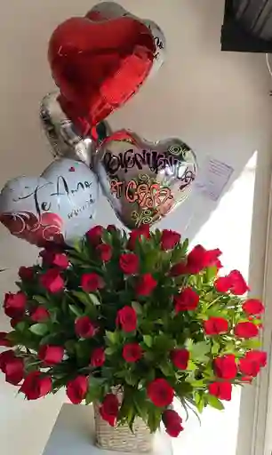 Canasta Con Rosas Y Globos