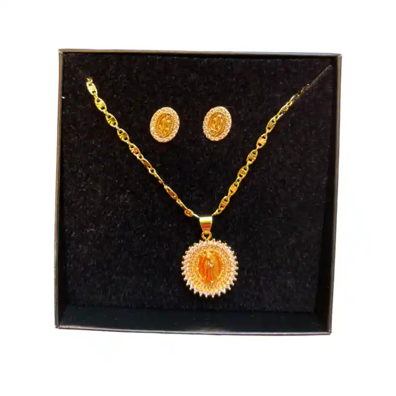 Cadena Virgen Blanca Con Aretes Redondos Joyeria Regalo