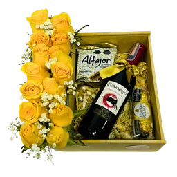 Regalo Con Flores Amarillas, Vino Y Chocolates