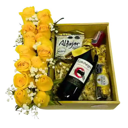 Regalo Con Flores Amarillas, Vino Y Chocolates