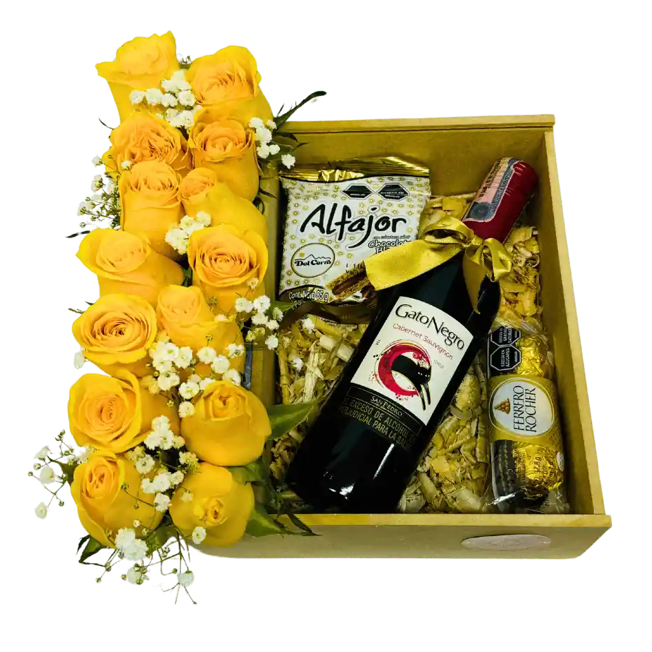 Regalo Con Flores Amarillas, Vino Y Chocolates