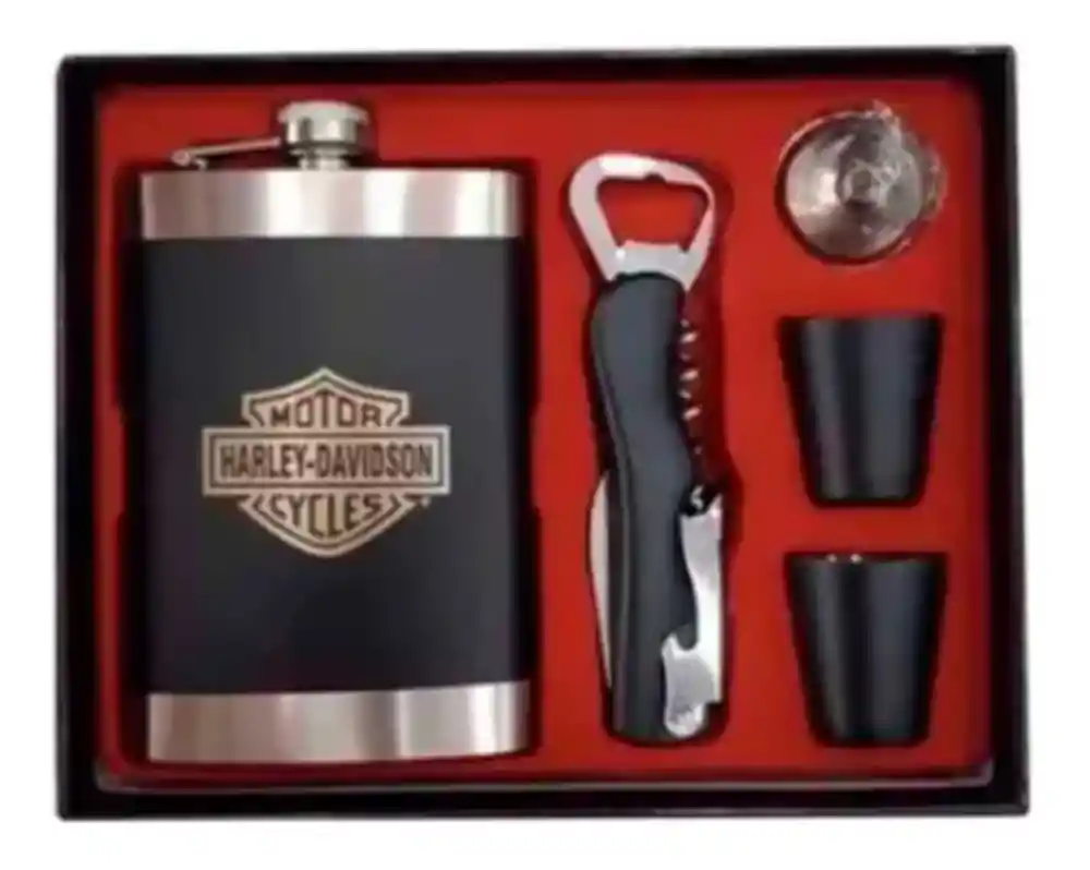 Licorera Wiskera Harley Davidson 9oz Acero Inoxidable. 2 Copas + Navaja