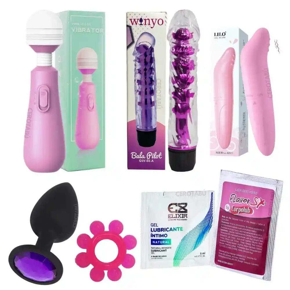 7 Piezas Kit Hetero Anillo + Plug + Vibrador + Lubricante