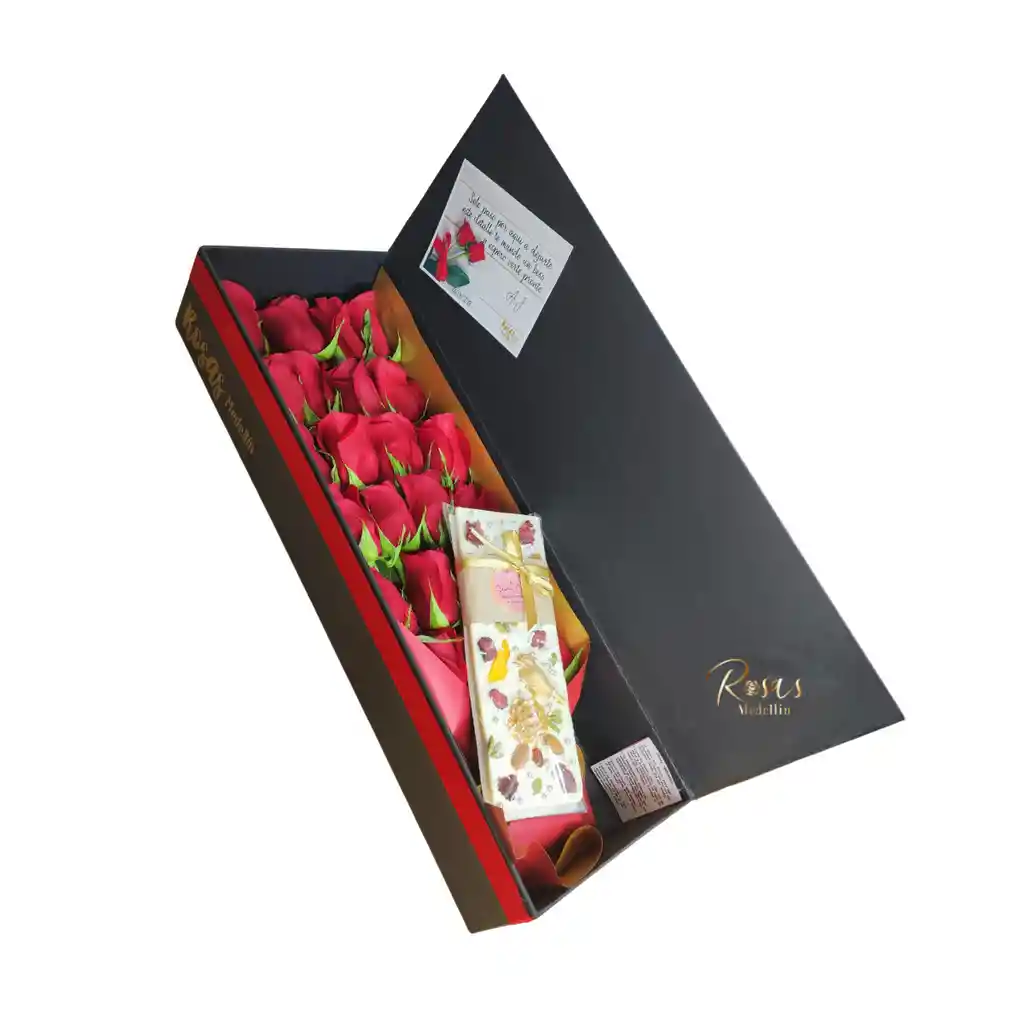 Caja Larga Con Rosas Y Chocolates