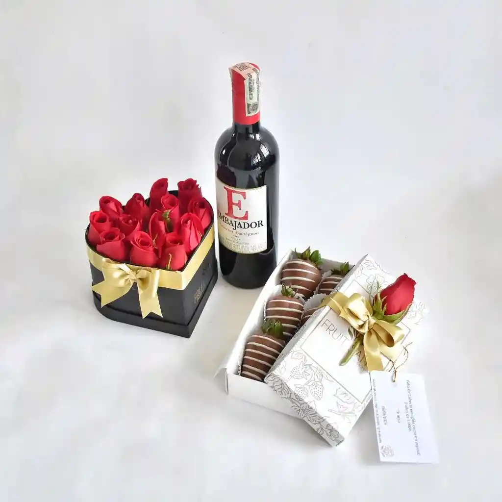 Corazon De Rosas Rojas + Caja 6 Fresas Premium Con Chocolate + Vino Cabernet Sauvignon 750ml