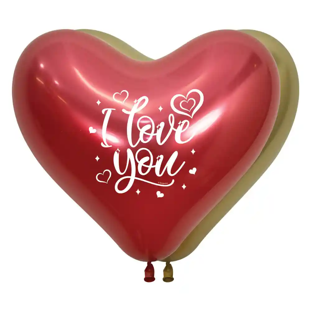 Globos Reflex Impreso I Love You Corazón Brillante 14" Dorado Y Rojo X 12 Unidades Sempertex