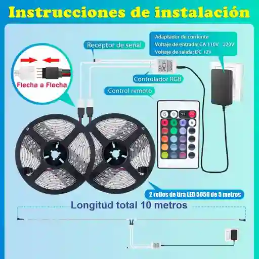 Cinta De Luz Led 10 Metros Rgb Control Remoto App Movil 12v