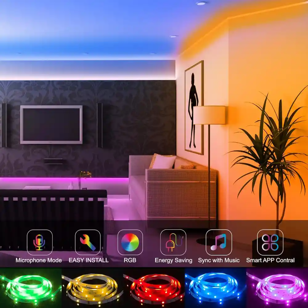 Cinta De Luz Led 10 Metros Rgb Control Remoto App Movil 12v