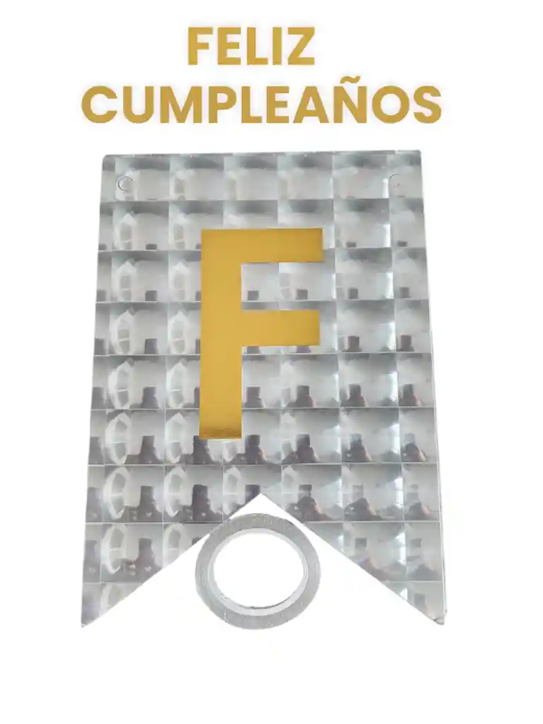 Banderin Feliz Cumpleaños Plateado Holograma Con Letras Doradas