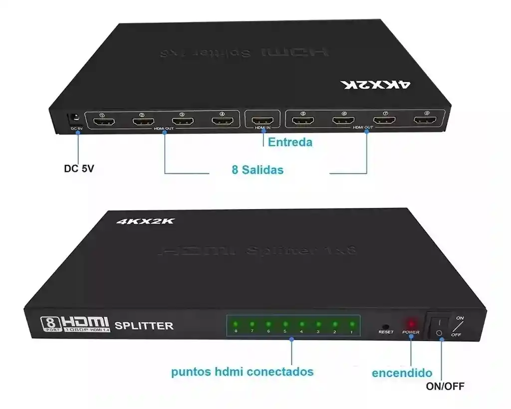 Splitter Hdmi 1x8 Salidas 1080p 2k4k Amplificador C/fuente