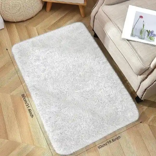 Tapetes Pie De Cama Peludos Antideslizante Blanco Marfil 50*80 Cms