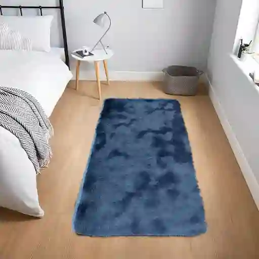 Alfombra Tapete Pie De Cama Peludo Azul Claro 60 X 110cms