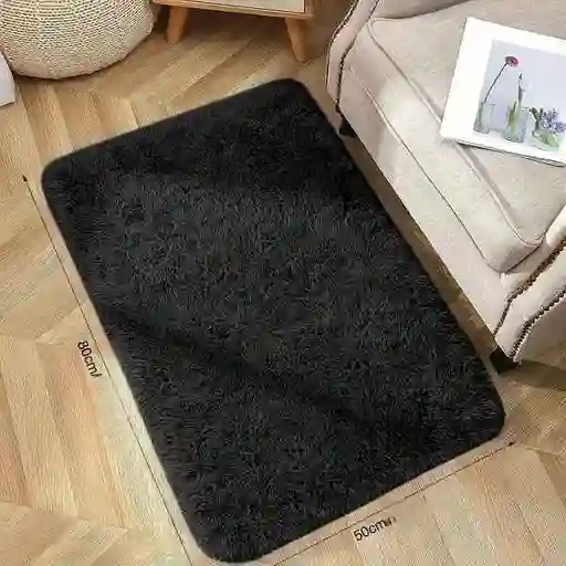 Tapetes Pie De Cama Peludos Antideslizante Negro 50 X 80 Cms