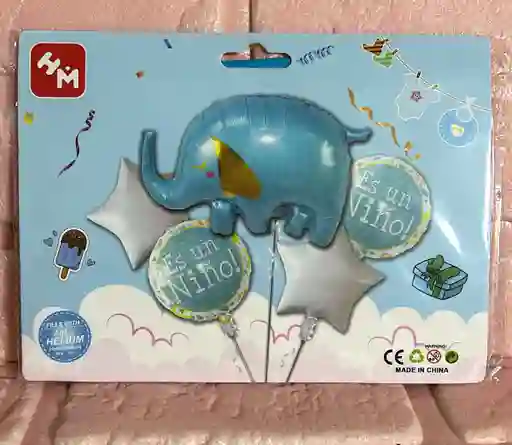 Bouquet De Globos Baby Shower Elefante Azul X5 Piezas