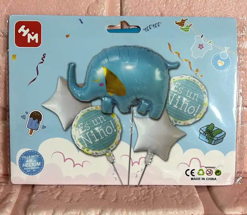 Bouquet De Globos Baby Shower Elefante Azul X5 Piezas