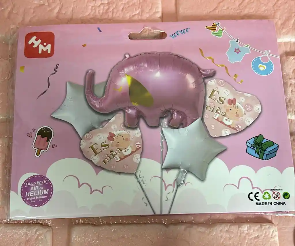 Bouquet De Globos Baby Shower Elefante Rosado X5 Piezas