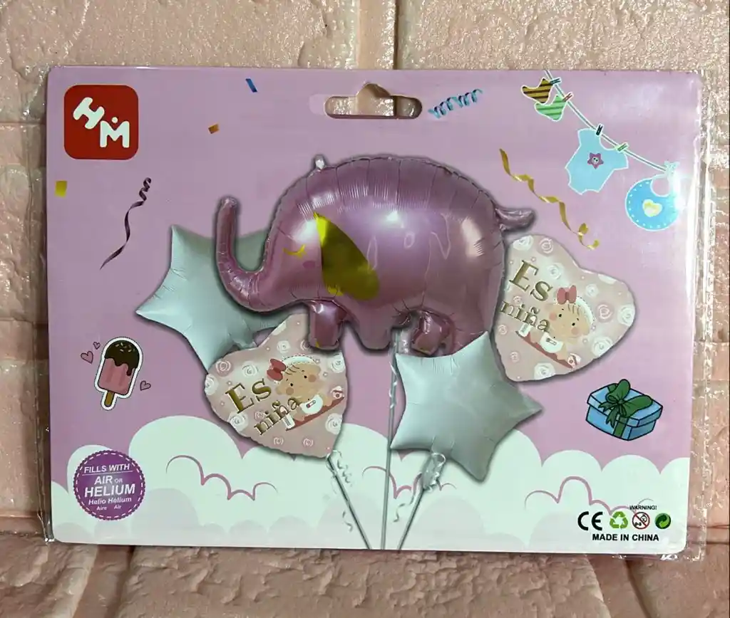 Bouquet De Globos Baby Shower Elefante Rosado X5 Piezas