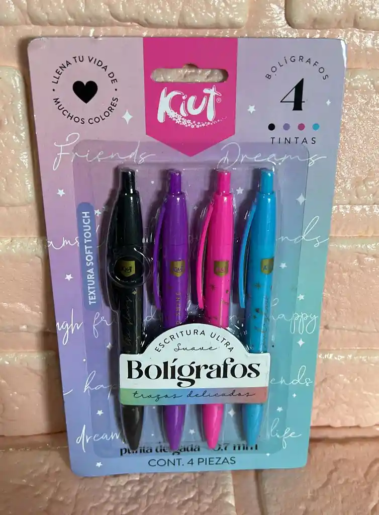 Lapicero Kiut X4 Colores (negro/morado/fucsia/azul Claro) Retractil