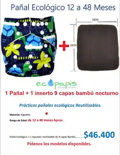 Pañal Ecologico Graduable 12/48 Meses + Absorbente 9 Capas Bambu