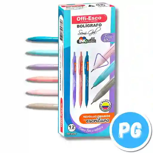 Caja De Esferos Offiesco 0.7mm Semigel X12 Unds Tinta Negra Diseño En Tonos Pastel Oe 055f