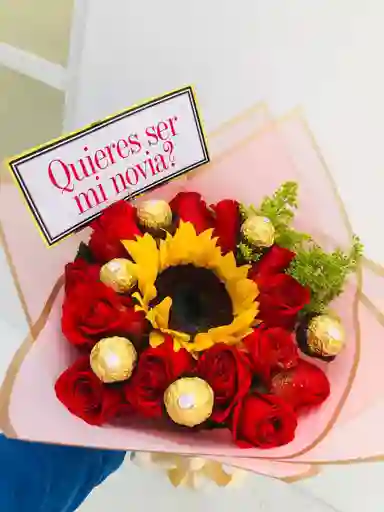 12 Rosas 1 Girasol ,6 Chocolates Ferrero