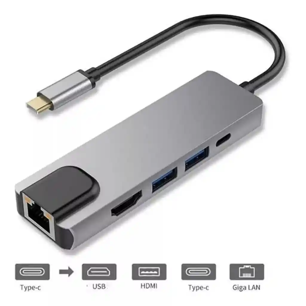 Adaptador Hub 5 En 1 Para Macbook O Pc Usb-c A Ethernet Hdmi Usbx2 Tipo C