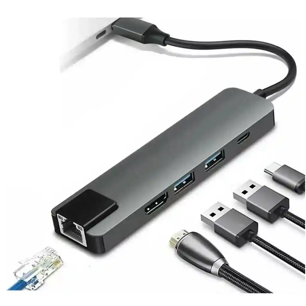 Adaptador Hub 5 En 1 Para Macbook O Pc Usb-c A Ethernet Hdmi Usbx2 Tipo C