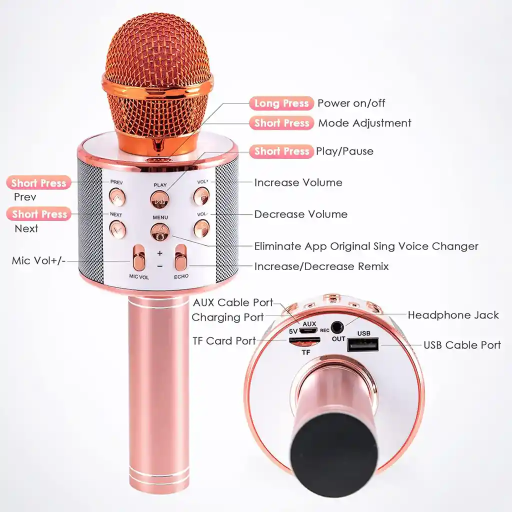 Micrófono De Karaoke Inalámbrico Bluetooth Para Niños Rosa