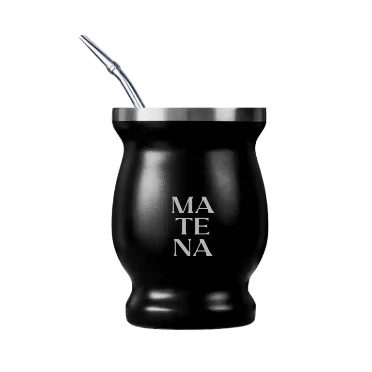 Mate De Acero "matena" Negro Con Bombilla Color Plata