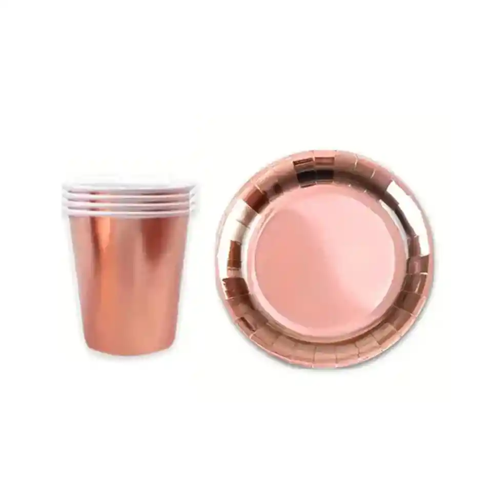 Set Vasos Y Platos Para Fiesta 10 Unidades Oro Rosa