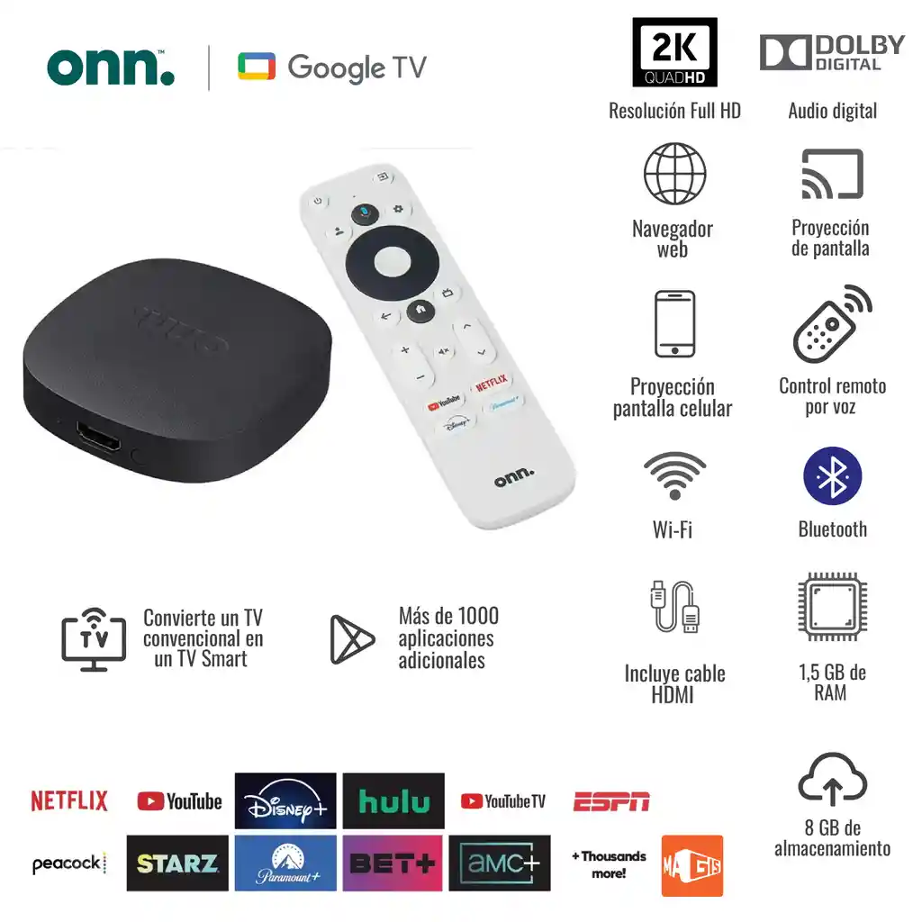 Convertidor Smart Tv Stick Watch Onn Full Hd Original Control De voz google tv