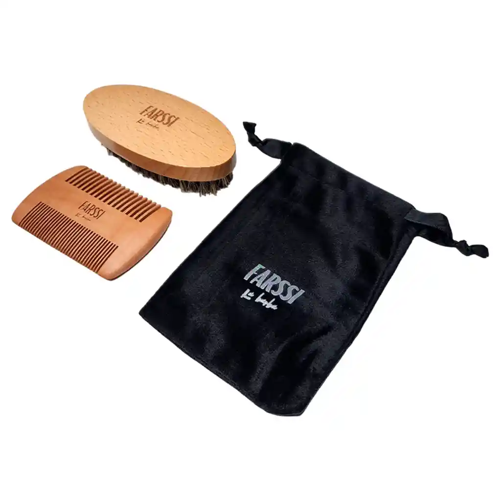 Set X3 Barba Cepillo Cerdas Jabalí + Peinilla Peine Madera + Bolsa