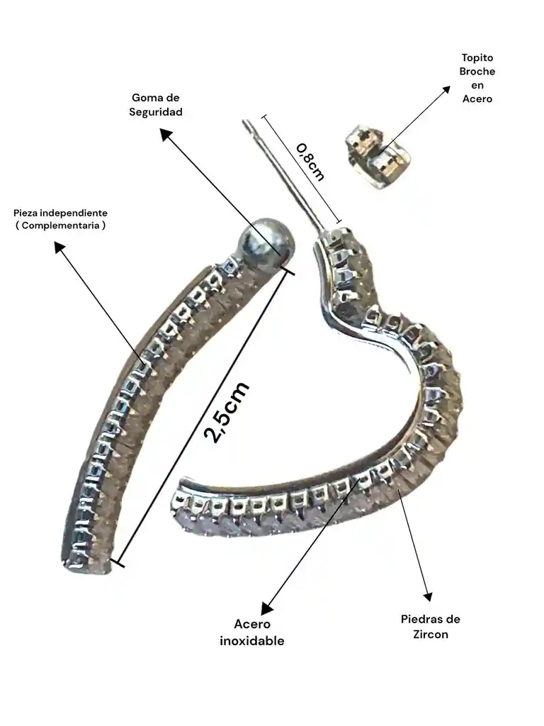 Arete En Acero Inoxidable Con Zircones, Aretes De Acero Inoxidable, Joyería Femenina, Arete Acero - Candongas En Acero Zircones
