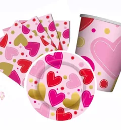 Set Platos, Vasos, Servilletas Sempertex Corazones X8 Unidades