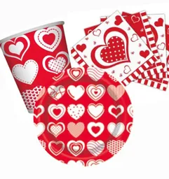 Set Platos, Vasos, Servilletas Sempertex Corazones Polka X8 Unidades