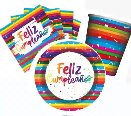 Set Platos, Vasos, Servilletas Sempertex Feliz Cumpleaños Festivo Multicolor x8 