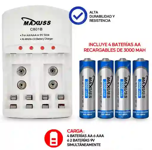 Cargador Baterias Aa Aaa 9v + 4 Pilas Aa Recargables De 3000mah Maxuss