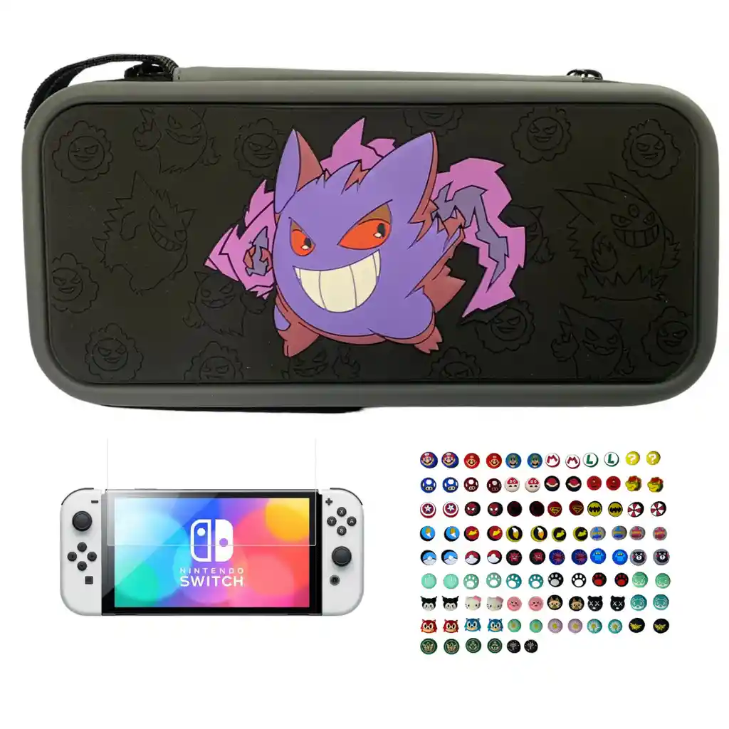 Estuche Gengar Pokemon + Vidrio + 2 Grips Para Nintendo Switch