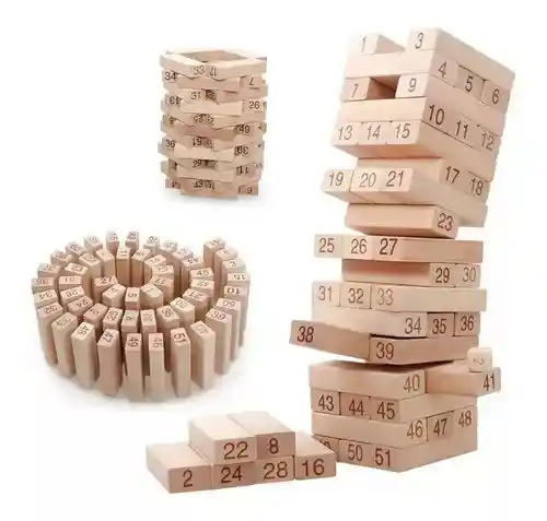 Jenga Tipo Torre Pequeña Madera Bloques 54pc Dados Juego Mesa