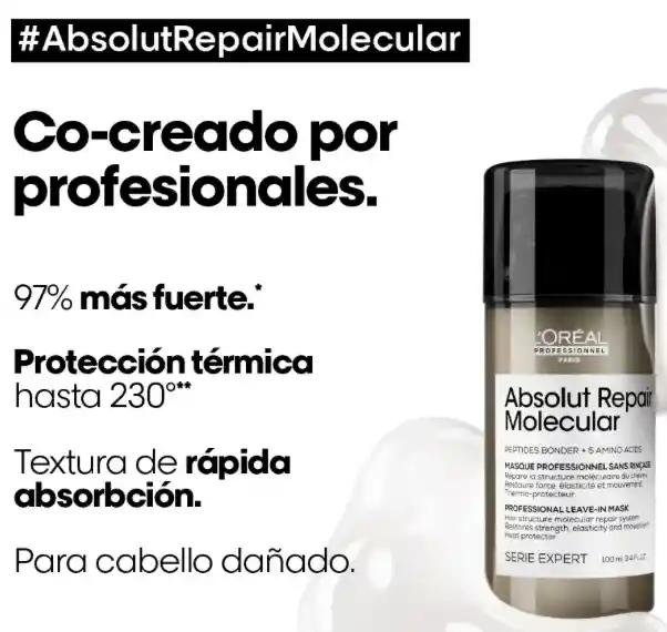 Mascarilla Termoprotectora Para Reparar El Cabello Dañado Absolut Repair Molecular L’oreal Serie Expert 100ml