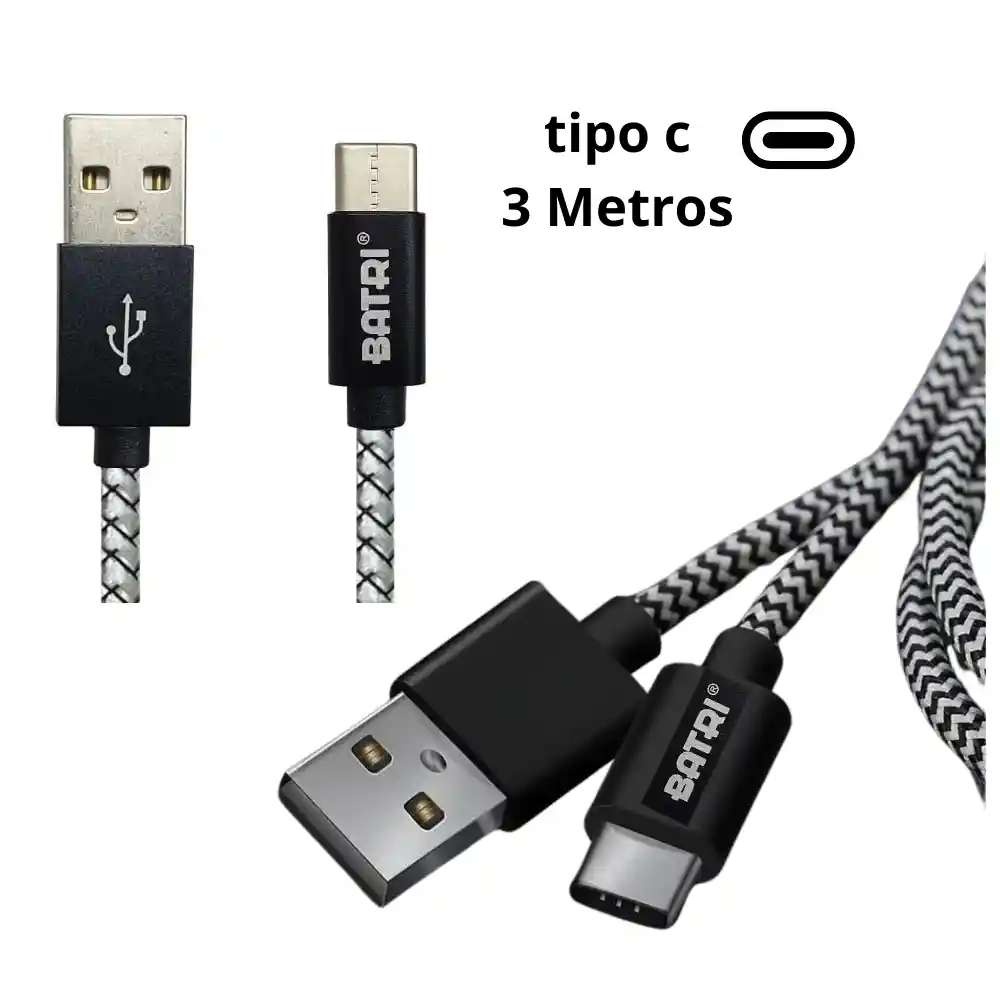 Cable Batri Usb A Tipo C 3 Metros 3.4a Carga Rapida