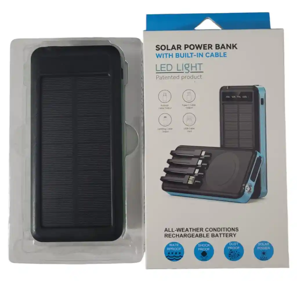 Power Bank Solar Con Linterna, De 10.000 Mah. Batería Portátil Para Celular