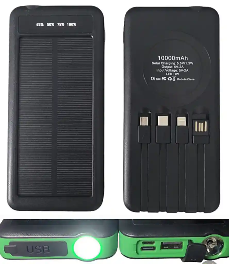 Power Bank Solar Con Linterna, De 10.000 Mah. Batería Portátil Para Celular