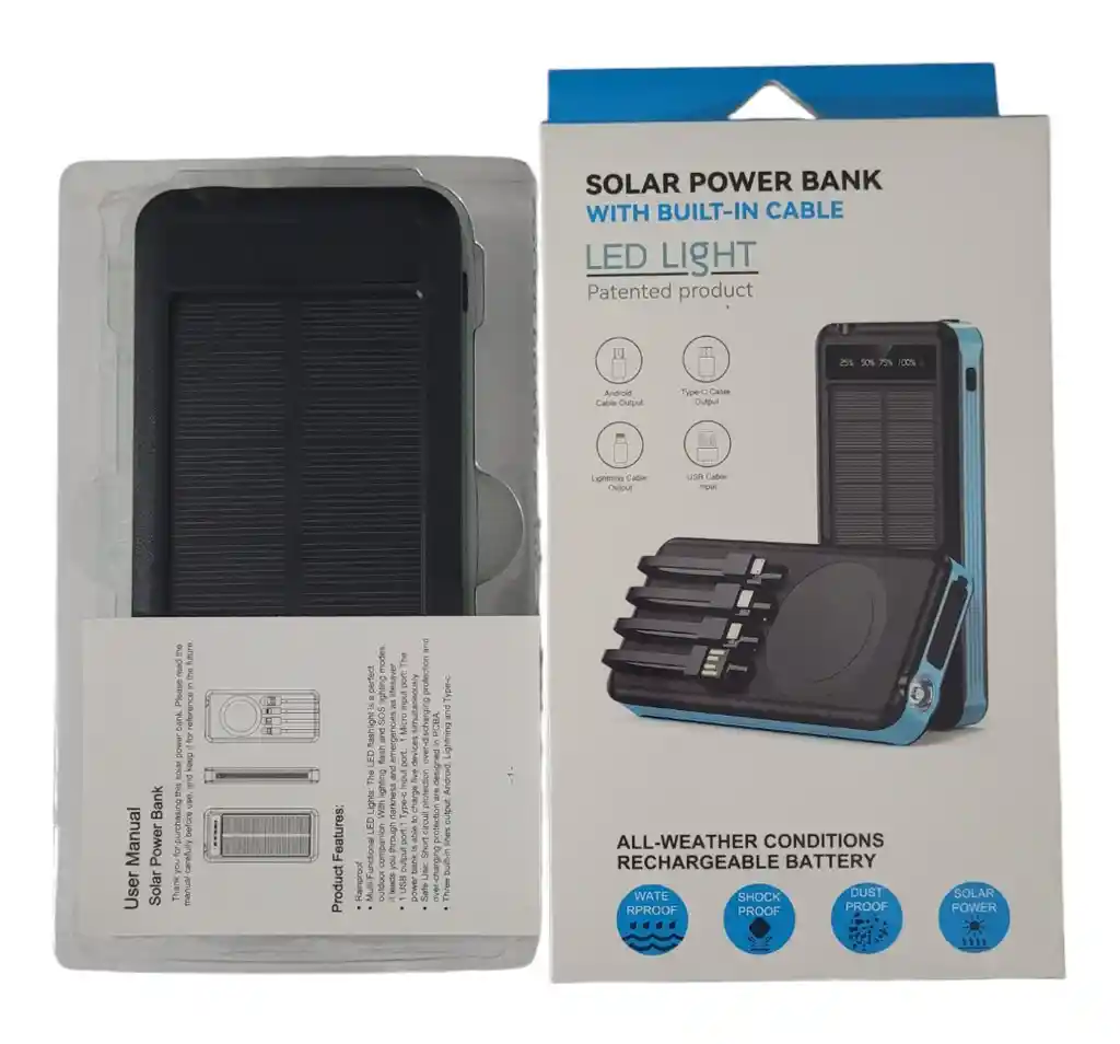 Power Bank Solar Con Linterna, De 10.000 Mah. Batería Portátil Para Celular