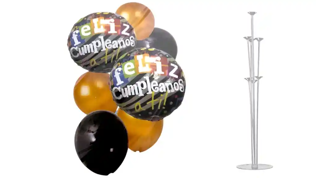 Globos De Feliz Cumpleaños Dorado-negro Con Base Acrílica