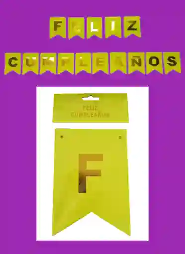 Letrero-banderin Feliz Cumpleaños Amarillo Fosforescente Letras Doradas